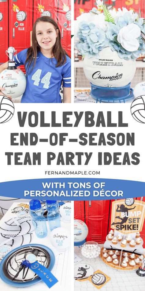 How to set up a Volleyball Team Party for the perfect end-of-season celebration, with volleyball background, dessert table and dining table! Get details now at www.fernandmaple.com! Sports Team Party Ideas, Volleyball Party Ideas Activities Fun, Volleyball Tournament Food Table Ideas, Volleyball Party Food Ideas, Volleyball Party Centerpieces, End Of Season Party Ideas, Sports Banquet Ideas Volleyball, End Of Season Volleyball Party, Volleyball Food Table Ideas