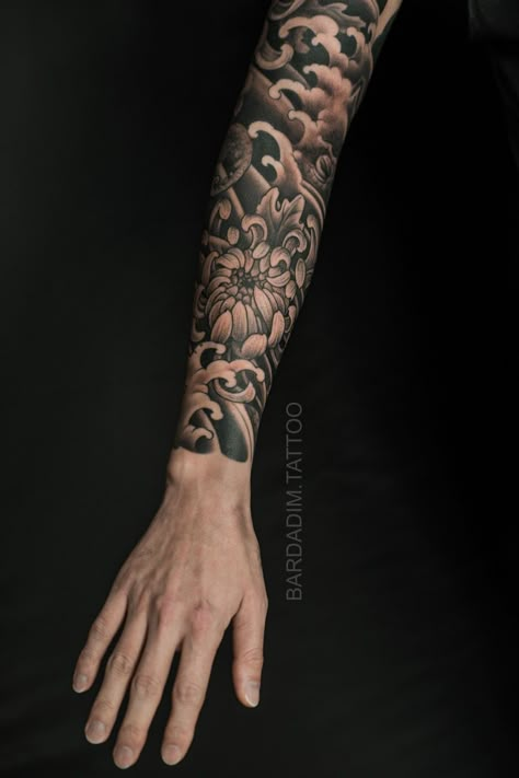 Black And Grey Forearm Tattoo Men, Black Grey Sleeve Tattoo, Japanese Sleeve Tattoos Black And Grey, Japanese Filler Tattoos, Men Japanese Tattoo, Japanese Tattoo Black And Grey, Japanese Elbow Tattoo, Men’s Sleeve Tattoo, Chrysanthemum Tattoo Sleeve