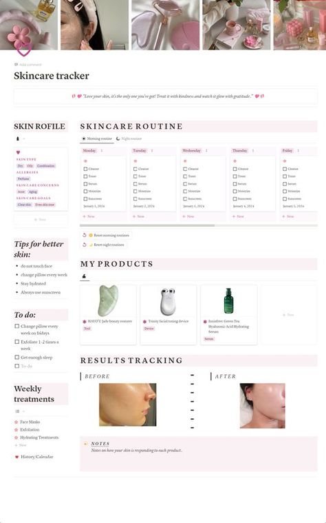 This is a Skincare tracker that will help you to organize, track and arrange your skincare steps so you can never miss any of it. Aesthetic | selfcare | skincare | notion | template | routine | morning routine | night routine | that girl | wishlist | skin tips to glow | tracker | girl | cute | planner | notion template | korean skincare tracker #selfcare #girl #skincare #notion Hair Care Template, Fashion Notion Template, Notion Beauty Template, Notion Self Care Templates, Glow Up Tracker, Morning Routine Notion, Notion Wishlist, Skincare Routine Template, Skin Care Tracker