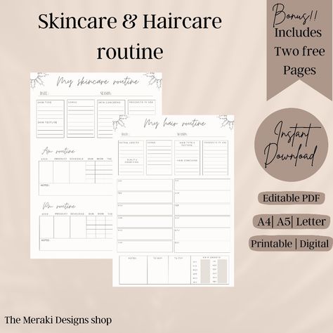 This skincare and Haircare planner is designed to help you keep track of your skin and hair care routine and check how each product is working for you. This printable also includes two free pages, thoughts and reviews page to help you create the perfect skincare routine for you and a customizable 30 day challenge that can be adapted to your skin and hair care goals. Hair Planner, Routine Template, Perfect Skincare Routine, Routine Printable, Haircare Routine, Skin And Hair Care, Skincare And Haircare, Routine Planner, Planner Digital