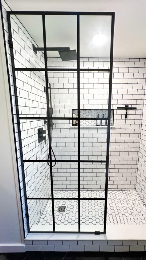 Modern farmhouse bathroom renovation with a white subway tile walk in shower. Walkin Shower Small Bathroom, Affordable Walk In Shower Ideas, Walk In Shower Subway Tile, Subway Tile In Shower, Showers For Two, Shower With Subway Tile, Walk In Shower White Subway Tile, Modern Farmhouse Bathroom Shower Tile, Small Bathroom Remodel Stand Up Shower Walk In