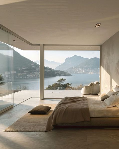 Experience luxury in this modern minimalist bedroom with stylish furniture and breathtaking views. #MinimalistBedroom #ModernDesign #StunningViews 👉👈 Find the perfect style for your home. 💤. Follow Us#bedroom#bedroomdecor#bedroomfurniture#bedroomdecorideas#bedroomdesign#bedroominspiration#bedroomdecoration#bedroominspirations#bedroominspo#bedroommakeover#bedroomdecorating#bedroomidea#bedroomsdecor#bedroomdecor#bedroomremodel#bedroomdesignideas#bedroomdesigns#bedroominterior Super Modern Bedroom, Room Ideas With Bed In The Middle, Bedroom With View, Minimal Bedroom Interior, Mallorca House, Royal Bedroom Design, Dream House Modern, Bedroom Ocean View, Bretman Rock