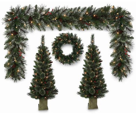 Winter Wonder Lane Tree, Wreath & Garland Light-Up 4-Piece Value Set | Big Lots Front Yard Christmas Decorations Ideas, Small Front Porch Christmas Decor, Porch Garland, Small Front Porch Christmas, Christmas Fireplace Mantels, Small Front Porch, Wreath Garland, Front Porch Christmas Decor Ideas, Porch Christmas Decor Ideas