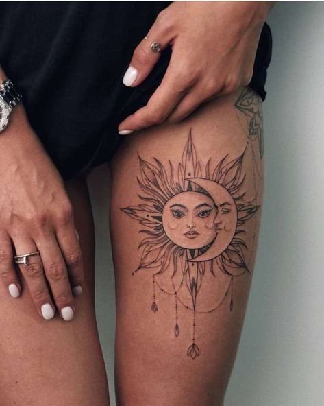 Sun And Moon Tattoos, Sun And Moon Tattoo, Hip Thigh Tattoos, Moon Tattoos, Moon Tattoo Designs, Cat Tattoos, Inspiration Tattoos, Sun Tattoos, Leg Tattoos Women