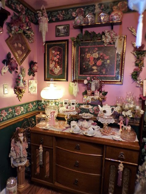 DEBBIE-DABBLE BLOG: "Tea Room" Buffet in the Dining Room, 2023 Dining Room 2023, Victorian Bed, Room 2023, Tea Cup Collection, Dining Room Buffet, Jewel Tone Colors, Victorian Dolls, Glass Candy Dish, I Am So Happy