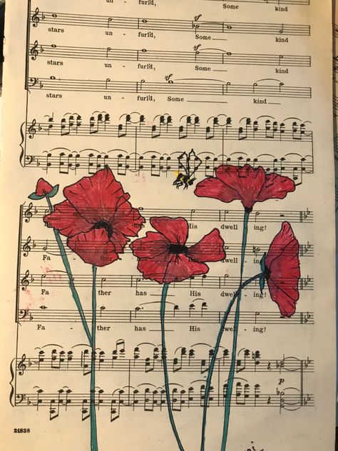 Flowers on music paper for journaling. PDF available. Painting On Music Sheets, Isabella Aesthetic, Hymnal Crafts, Wildflower Decor, Flower Petal Art, Book Page Flowers, Music Flower, Sheet Music Art, Newspaper Art