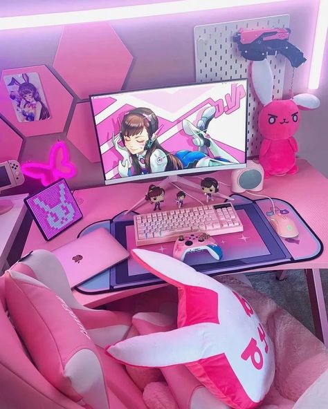 Dva Gaming Setup, Dark Bedroom Aesthetic, Pc Games Setup, Kawaii Room Ideas, Dream Setup, Pretty Desks, Gaming Desk Setup, Gamer Setup, Gamer Room Decor