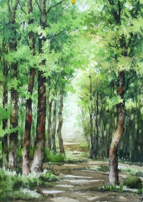 Beautiful watercolor painting of trees lining a forest path.  Nam-il watercolor.  #watercolor #watercolorpaintings #landscapeart Path In The Woods, Sketch Landscape, Tree Watercolor Painting, Watercolor Art Landscape, Watercolor Architecture, Landscape Watercolor, Watercolor Tree, Landscape Art Painting, Watercolor Painting Techniques