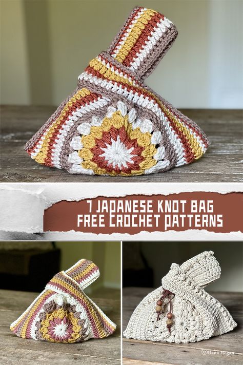 7 Japanese Knot Bag Crochet Patterns - FREE - iGOODideas.com Patchwork, Crochet While Traveling, Japanese Crochet Bag Free Pattern, Crochet Little Gifts, Crochet Lunch Bag Pattern Free, Crochet Japanese Knot Bag Pattern Free, Japanese Knot Bag Pattern Free, Knot Bag Pattern Free, Simple Crochet Tote Bag