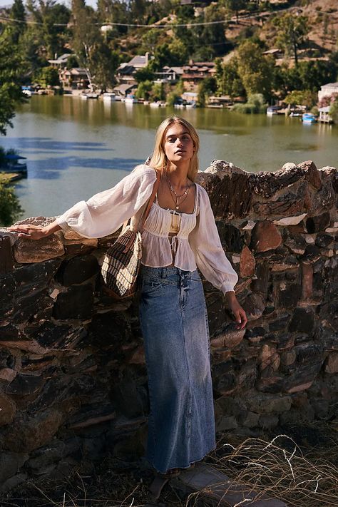 Come As You Are Denim Maxi Skirt | Free People Long Denim Skirt Fit, Spain Trip Outfits, Europe Summer Outfits Italy, Linen Skirt Outfit Summer, Switzerland Outfit Summer, Santorini Greece Outfits, Santorini Outfit Ideas, Switzerland Outfit, Outfit Europe