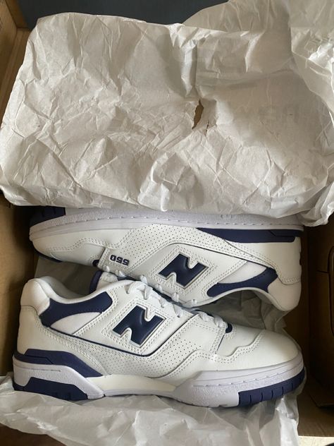 Blue and white new balance New Balance 550 Dark Blue, White And Navy Aesthetic, Nb 550 Blue, Dark Blue New Balance, Summer Reset, Dark Blue Shoes, Blue Trainers, Shoe Wishlist, Shoes Spring