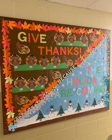 Thanksgiving And Christmas Bulletin Boards, Thanksgiving Christmas Bulletin Board, November Theme Bulletin Board, Holiday Boards Bulletin, Classroom Decor Thanksgiving, Thanksgiving Billboard Ideas For School, Thanks Giving Bulletin Boards Ideas, Fall And Winter Bulletin Board Ideas, Thanksgiving Bulletin Board Ideas Infant