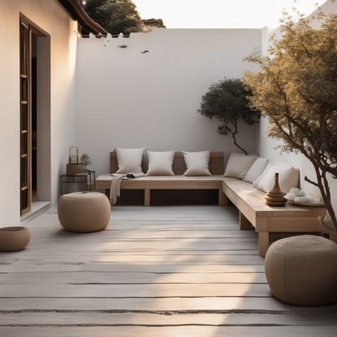 Terrace of the sand haus MADE BY JOSEFINA Japandi Terrace Design, Small House Garden, Indoor Courtyard, Japandi Home, Outdoor Space Design, Small Terrace, Courtyard Gardens Design, Contemporary House Exterior, Courtyard Design