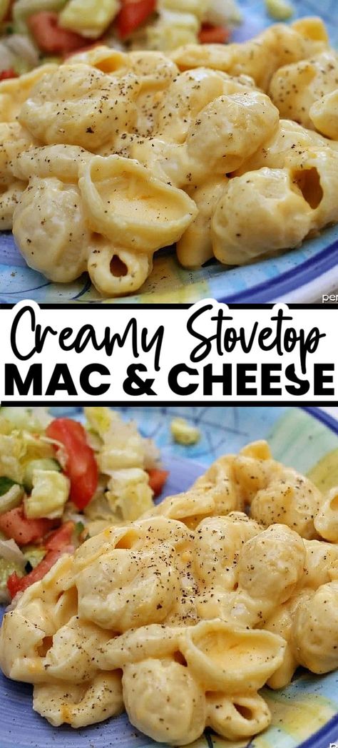 Creamy macaroni and cheese made on the stovetop is so much better than anything from a box! This homemade shells and cheese recipe will become your family's favorite mac and cheese! | www.persnicketyplates.com Ziti Recipes Stovetop, Macaroni Shells Recipes, Creamy Stove Top Mac And Cheese, Macaroni Side Dishes, Easy Stove Top Mac And Cheese, Homemade Shells And Cheese, Mac And Cheese Shells Recipe, Homeade Mac And Cheese, Shells And Cheese Recipe