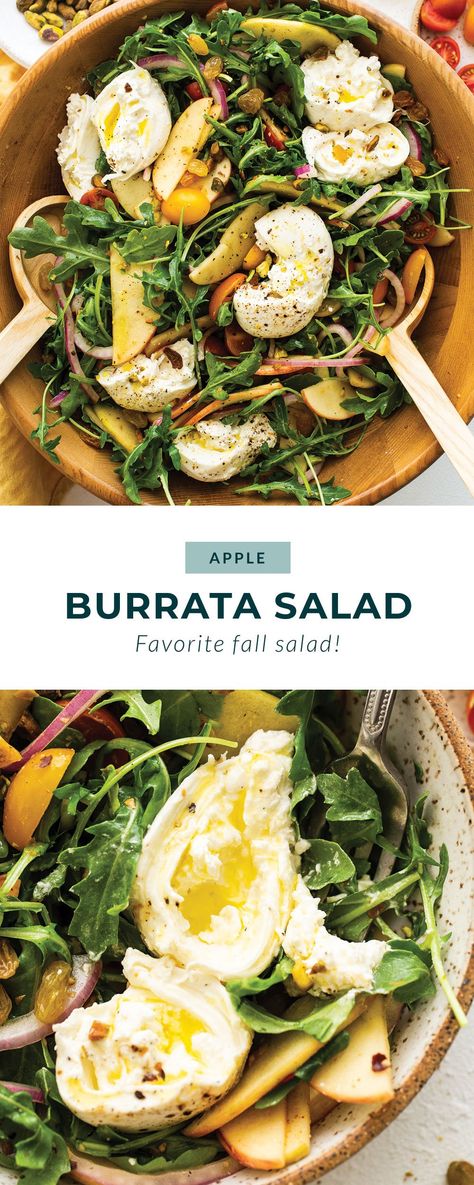 Make this apple burrata salad in the fall, spring, or summer! It is made with arugula, golden raisins, tomatoes, and creamy burrata. Burrata Recipe, Arugula Salad Recipes, Apple Salad Recipes, Burrata Salad, Simple Vinaigrette, Clean And Delicious, Burrata Cheese, Green Eating, Cold Salad