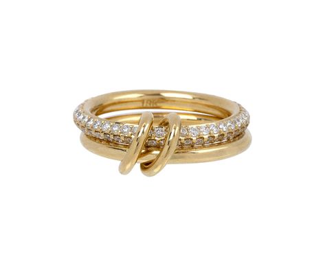 With its edgy, eye-catching design, this Spinelli Kilcollin ring has a versatile, statement making design. Two bands of 18K yellow gold connect with two 18K yellow gold rings. The larger 18K yellow gold band is set with two rows of sparkling diamonds. Wear them all on one finger or spread them out along two. This would also make an excellent alternative to the traditional wedding ring for someone with unconventional style. total height when stacked : just under 1/4"18K yellow gold band widths : Susannah King London, Spinelli Wedding Band, Cool Rings Gold, Luxury Gold Rings, Rings For Small Fingers, Spinelli Kilcollin Rings, Yellow Gold Ring Stack, Golf Ring, Gold Rings With Diamonds