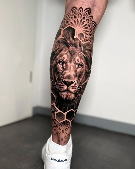 Tattoo Designs Lion, Lion Leg Tattoo, Geometric Tattoo Leg, Calf Tattoo Men, Lion Tattoo Sleeves, Geometric Sleeve Tattoo, Full Leg Tattoos, Mens Lion Tattoo, Lion Head Tattoos