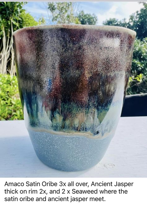 Satin Oribe Glaze, Ceramic Totems, Pottery Inspo, Pottery Glaze, Amaco Glazes, Ceramic Glaze Recipes, Ceramic Glaze, Glaze Recipe, Pottery Glazes