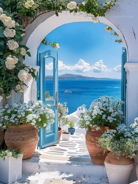 Santorini Greek Island Paintings, Blue Greece Aesthetics, Santorini Greece Aesthetic, Greece Wallpaper, Santorini House, Greek Sea, Image Nature, Pretty Landscapes, Window View