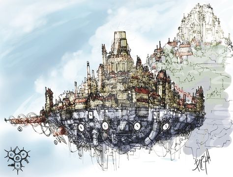 Floating steam-powered city, comprised of 4 platforms, from a now defunct game (don't ask, that's about all I can say about it :\). Flying City Concept Art, Steampunk Floating City, Flying City, Floating Cities, Steampunk Background, Steampunk City, Floating Islands, Altered Carbon, Sky City