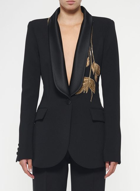 ELIE SAAB Ready To Wear Fashion Designer Clothing and Red Carpet Dress Tuxedo Women Suits, Women's Tuxedo, Prom Attire, Cocktail Business, Beaded Shawl, Gold Foliage, Fashion Advisor, Button Shawl, Embroidered Blazer