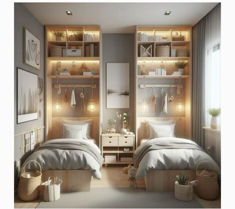 Twin Bed With Shelves, 2 Beds Small Bedroom Ideas, Space Saving Twin Bed Ideas, Two Beds In Small Room, Small Bedroom Two Twin Beds, Twin Room Ideas Boy And Girl, 3 Boys Bedroom Ideas, Small Bedroom For 2 Boys, Small Bedroom With Two Beds