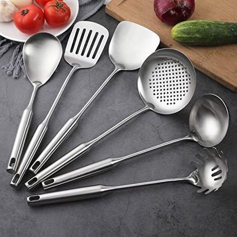 Kitchen Utensils Set Stainless Steel, 6 Pcs Professional All Metal Cooking Utensils Set, Wok Spatula, Ladle, Skimmer, Slotted Spatula Turner, Spaghetti Spoon, Large Spoon Check more at https://tahanot.com/product/kitchen-utensils-set-stainless-steel-6-pcs-professional-all-metal-cooking-utensils-set-wok-spatula-ladle-skimmer-slotted-spatula-turner-spaghetti-spoon-large-spoon/ Metal Cooking Utensils, Pasta Spoon, Kitchen Utensils Set, Cast Iron Wok, Professional Cooking, Stainless Steel Utensils, Utensils Set, Cooking Utensils Set, Kitchen Utensil Set