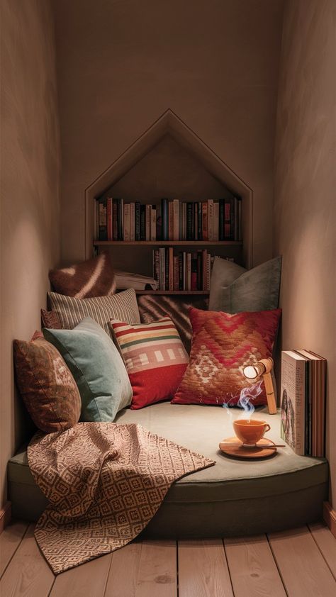 Create a cozy and cute reading nook in your room with soft cushions and a small bookshelf. Perfect for relaxing and unwinding. Teenage Reading Nook, Mini Reading Nook, Cool Reading Nooks, Bedroom Sitting Area Small Cozy Corner, Nursery Reading Nook, Small Bookshelf Ideas, Small Reading Nook, Small Library Room, Diy Reading Nook