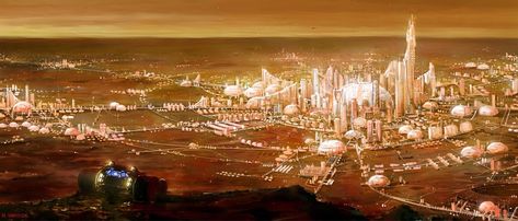 Capital city of Mars by Nick Hvostik (Massive Black) Mars Architecture, Mars City, City Concept Art, Space Colonization, Mars Colony, Space Colony, Red Rising, Sci Fi City, Planets Art