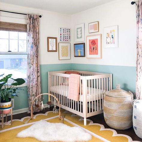 Nursery Ideas Colorful Gender Neutral, Teal Green Nursery, North Facing Nursery, Gender Neutral Nursery With Color, Color Block Nursery, Fun Gender Neutral Nursery, Music Inspired Nursery, Colorful Nursery Boy, Colorful Eclectic Nursery