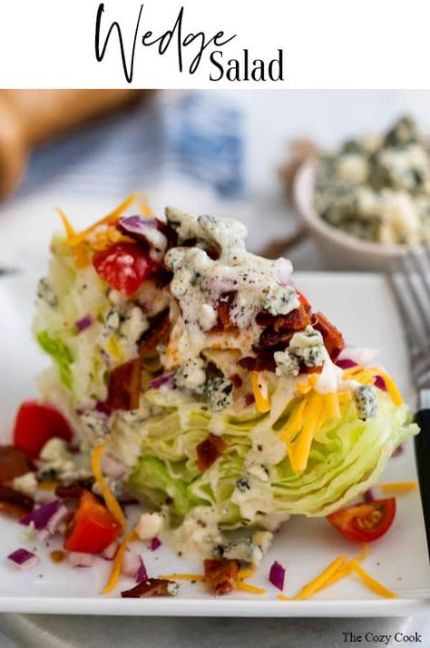 This Classic Wedge Salad begins with a fresh slice of iceberg lettuce that's topped with chunky blue cheese dressing along with crisp bacon, diced tomatoes, red onions, and shredded cheddar. | The Cozy Cook | #wedge #salad #iceberg #healthy #bacon #bluecheese Wedge Salads, Classic Wedge Salad, Wedge Salad Recipe, Titanic Party, Iceberg Salad, Wedge Salad Recipes, Cozy Cook, Yummy Salads, Wedge Salad