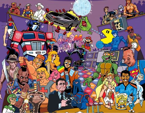 This is the honour roll for the 20 best pop culture icons during the 1980s decade. Low culture is a derogatory term for forms of popular culture that have mass appeal.Low culture includes the most recent trends with in the specific society. It also varies from time to time. 80s Characters, 80s Classics, 80s Pop Culture, Nostalgia Art, Image Film, 80s Nostalgia, 80s Cartoon, Cartoon Shirts, 80s Cartoons