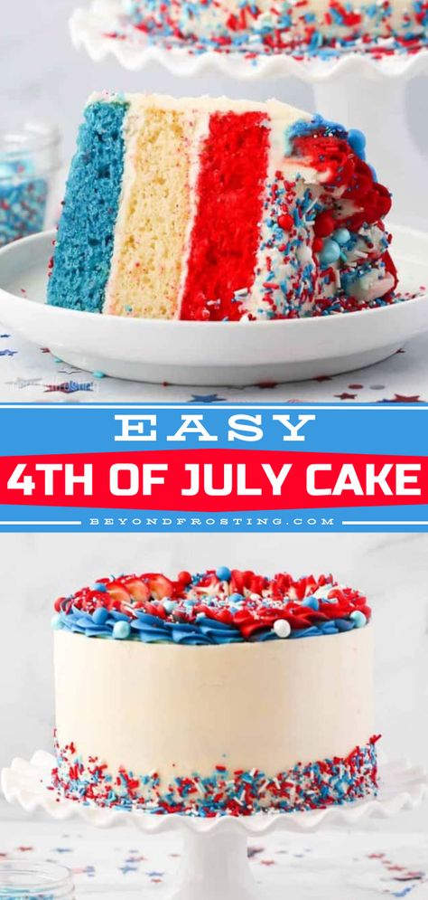 The perfect 4th of July dessert! It starts with a moist vanilla cake. Layered and decorated in red, white, and blue, this Easy 4th of July Cake with vanilla buttercream is sure to be a hit. Save this 4th of July recipe! 4th Of July Dessert Ideas, Fourth Of July Cake, 4th Of July Dessert, Patriotic Cake, Fourth Of July Cakes, Blue Birthday Cakes, July Desserts, Patriotic Desserts, Desserts Cake