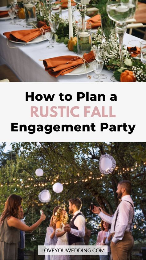 Fall Themed Engagement Party, Party Decorations Centerpieces, Fall Engagement Party, Rustic Engagement Party, Themed Engagement Party, Outdoor Engagement Party, Fall Engagement Parties, Wedding Music Playlist, Backyard Engagement Parties