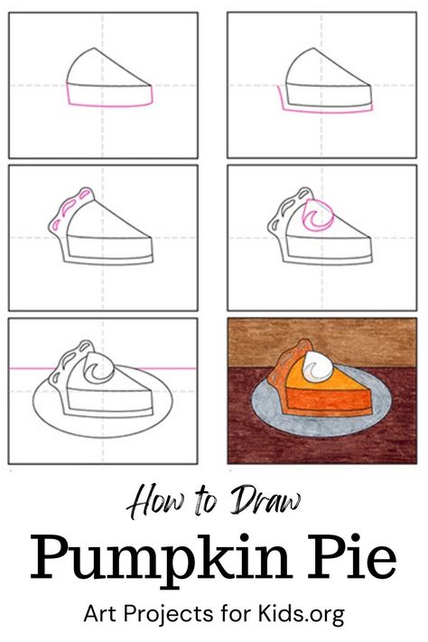 Pumpkin Pie Drawing Easy, Pie Art Drawing, Step By Step Painting Thanksgiving, Thanksgiving Step By Step Drawing, How To Draw Pumpkin Pie, Pumpkin Art Lesson Elementary, How To Draw A Pie, Autumn Doodles Step By Step, How To Draw Using Shapes