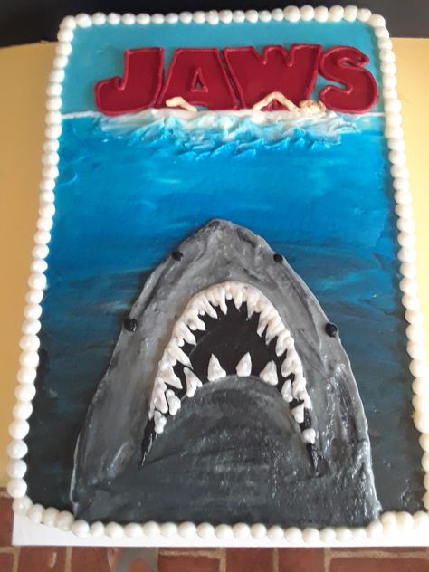 Jaws birthday sheet cake Birthday Sheet Cakes, 16 Birthday Cake, Shark Birthday, Sheet Cake, Bat Signal, 16th Birthday, Superhero Logos, Bat, Birthday Cake