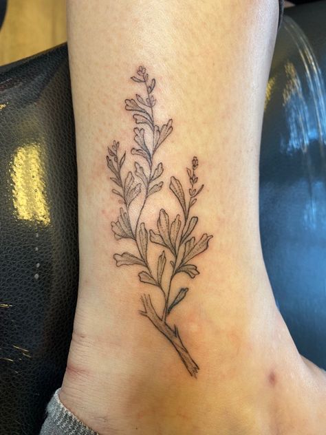 Sagebrush Sage Branch Tattoo, Sage Tattoo Design, Sage Flower Tattoo, Sage Brush Tattoo, Sagebrush Tattoo, Sage Tattoo, Sage Brush, Brush Tattoo, Piercing Inspo