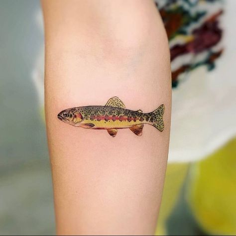 Golden Trout Tattoo, Fish Tattoo Trout, Fine Line Trout Tattoo, Forearm Fish Tattoo, Brooke Trout Tattoo, Realistic Fish Tattoo, Steelhead Tattoo, Trout Tattoo Women, Minnow Tattoo