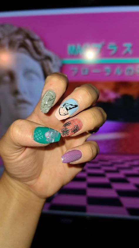 Vaporwave nail art! So proud of this set! #nails #nailsart Set Nails, Tips Nails, Diy Nails At Home, So Proud, Diy Nails, Natural Nails, Nail Tips, Makeup Nails, Nails Inspiration