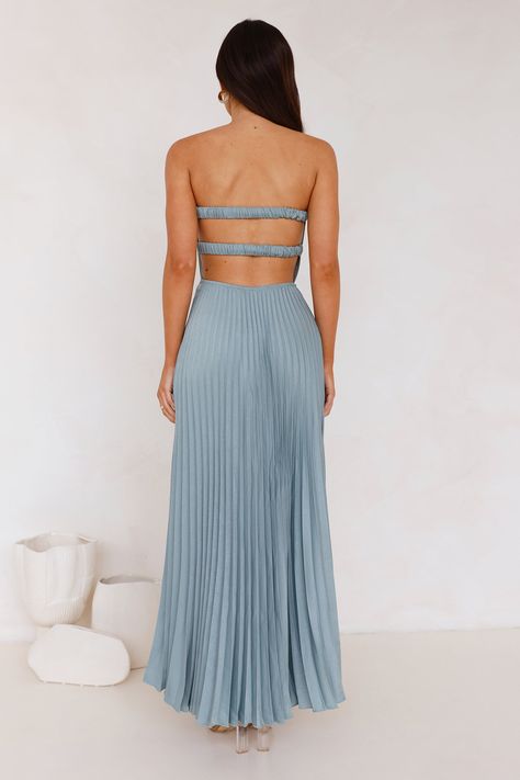 Length from bust to hem of size S: 115cm. 
 Chest: 33cm, Waist: 32cm, across front only of size S. 
 Maxi dress. 
 Semi-lined. 
 Model is a standard XS and is wearing size XS. 
 True to size. 
 Non-stretch. 
 Strapless. 
 Plisse fabrication. 
 Flowy skirt. 
 Underwire. 
 Elastic back. 
 Zipper. 
 Cold hand wash only. 
 Polyester/Nylon/Spandex. 
 
 Designed for formal affairs. The Sunflower Serenity Plisse Maxi Dress features a strapless silhouette, gorgeous plisse fabrication and a flowy skirt. Dress Sage, Prom Shopping, The Sunflower, Maxi Dress Prom, Maxi Dress Wedding, Skirt Style, Flowy Skirt, Pink Mini Dresses, Shop Maxi Dresses