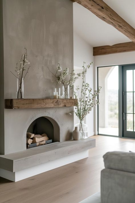 40 Farmhouse Fireplace Ideas for a Charming Home Hearth Plaster Fireplace Hearth, Cream Walls White Fireplace, Fireplace Rustic Ideas, Scandinavian Gas Fireplace, Concrete Fireplace Living Room, Fireplace Minimalist Modern, Neutral Living Room Fireplace, 8ft Fireplace Wall, White Fireplace Surround Ideas