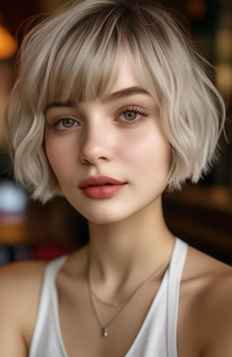 Ash Blonde French Bob with Soft Waves Textured French Bob With Bangs, Short Blonde Middle Part, Short Blonde French Bob, French Bob Blonde Short Hair, Modern French Bob With Bangs, Messy French Bob With Bangs, Chin Length French Bob, French Bob With Bangs Blonde, French Bob With Bangs Over 50