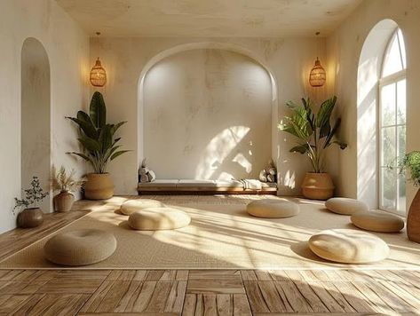 Meditation Room Minimalist, Meditation Centre Design Concept, Group Therapy Room Design, Changing Room Ideas, Sound Healing Room, Yoga Center Design, Small Yoga Studio Design, Yoga Studio Aesthetic, Mindfulness Room