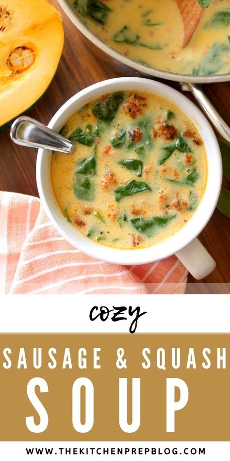 Sausage Squash, Acorn Squash Soup, Butternut Squash Spinach, Sausage Soup Recipes, Soup Creamy, Acorn Squash Recipes, Squash Soup Recipe, Fall Menu, Spinach Soup