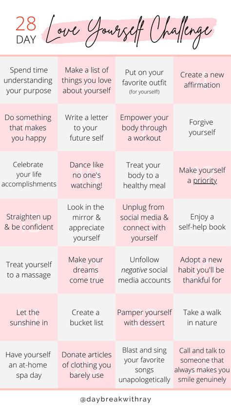 Join us on IG @daybreakwithray on this 28-Day Love Yourself Challenge as we enjoy a different activity each day and bring us one step closer to loving ourselves. #daybreakwithray #love #yourself #challenge #28-day #self-care 30 Days Love Yourself Challenge, Steps For Self Love, 30 Self Love Challenge, Self Love Challenge Ideas, Journey To Loving Yourself, Love Yourself Challenge 30 Day, Love Yourself Journal Ideas, Self Love Steps, New Year Glow Up Challenge