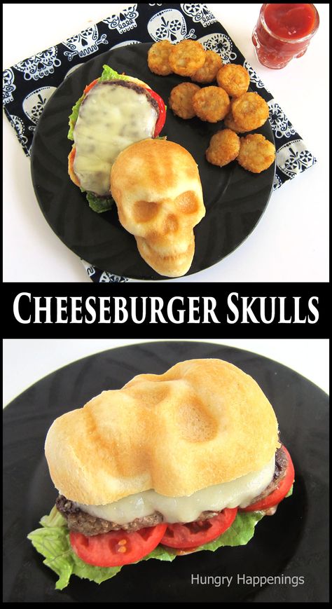 Cheeseburger skulls served on skull-shaped buns. Halloween Skull Appetizers, Skull Pan Food Ideas, Halloween Food Dinner Main Dishes, Recipes For Skull Pan, Halloween Hamburger Ideas, Halloween Dinner Meals, Easy Halloween Meals For Kids, Nordic Ware Skull Pan Recipes, Skull Shaped Food