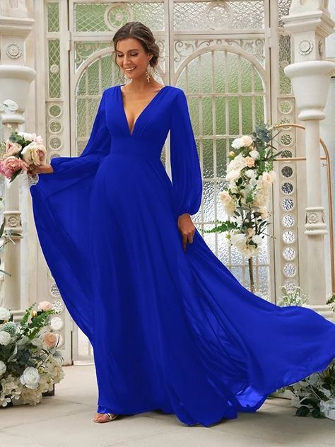 Royal Blue Blue Dress With Sleeves, Royal Blue Long Dress, Royal Blue Bridesmaid Dresses, Bridesmaid Dresses Long Chiffon, Maxi Outfits, White Evening Dress, Long Blue Dress, Blue Long Sleeve Dress, Blue Bridesmaid Dresses