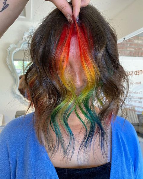 Hidden Rainbow Hair Short, Rainbow Highlights Short Hair, Pride Hair Ideas, Pride Hairstyles For Short Hair, Rainbow Money Piece Hair, Pride Hair Color, Peekaboo Rainbow Hair, Vivid Money Piece Hair, Rainbow Peekaboo Hair