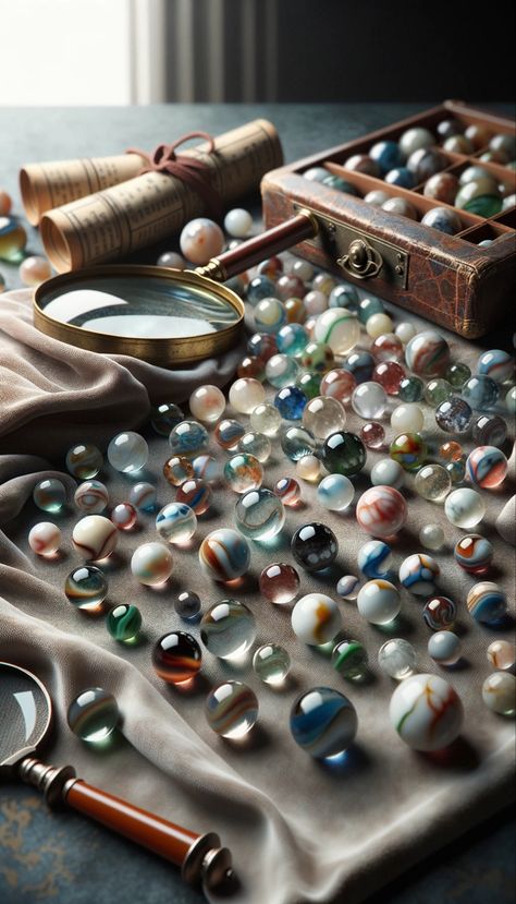 Realistic photograph showcasing a diverse collection of marbles on a velvet surface with an antique collector's pouch and magnifying glass in the background. Vintage Marbles Identification, Marble Crafts, Antique Dishes Collectible, Vintage Dishes Antiques, Antique Marbles, Marbles For Sale, Marble Pictures, Antique Glasses, Marble Price