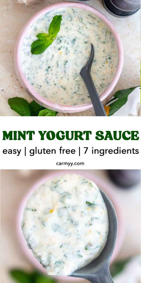 Made with only a handful of ingredients, this mint yogurt sauce is a quick and simple recipe you’ll want to make again and again. Creamy, refreshing, and flavorful, it’s perfect for serving with protein, vegetables, or bread.  If you need a versatile sauce, this mint yogurt sauce is one of my favorites. It’s easy to whip up in seconds and it goes with everything! Even better, since it’s made with Greek yogurt, you’ve got some extra protein added to your day! Mint Yoghurt Sauce, Japanese Appetizers, Mint Yogurt Sauce, Protein Vegetables, Roasted Garlic Aioli, Greek Yogurt Flavors, Mint Yogurt, Easy Japanese Recipes, Light Appetizers